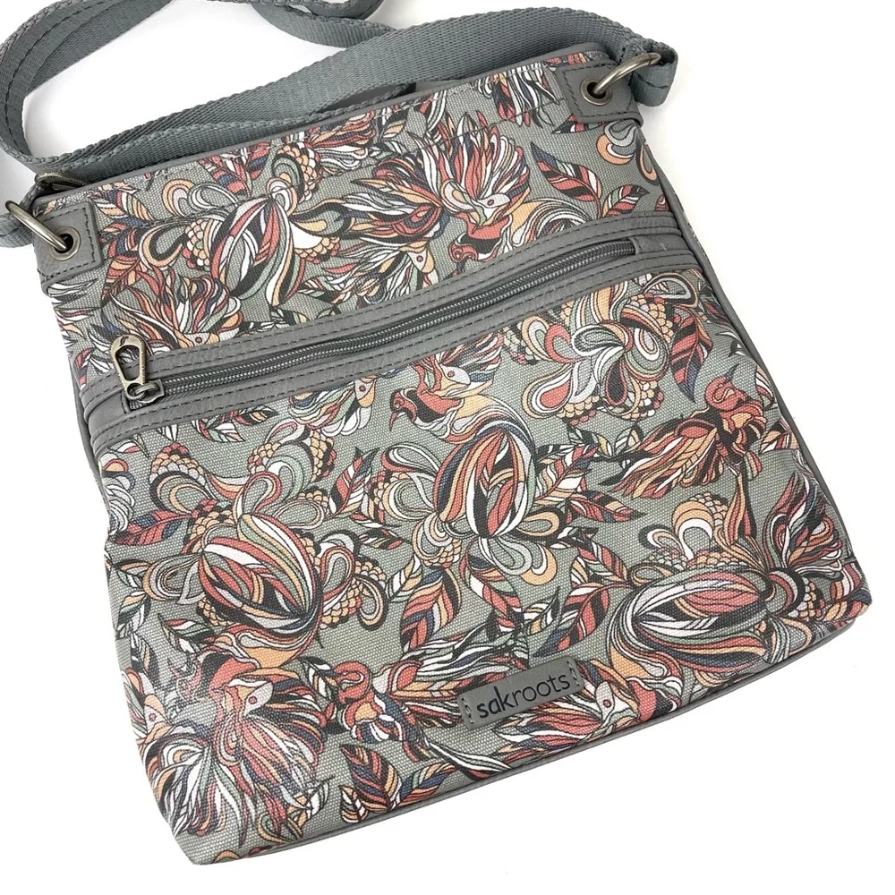 Sakroots Artist Circle Flat Crossbody Bag in Grey Treehouse